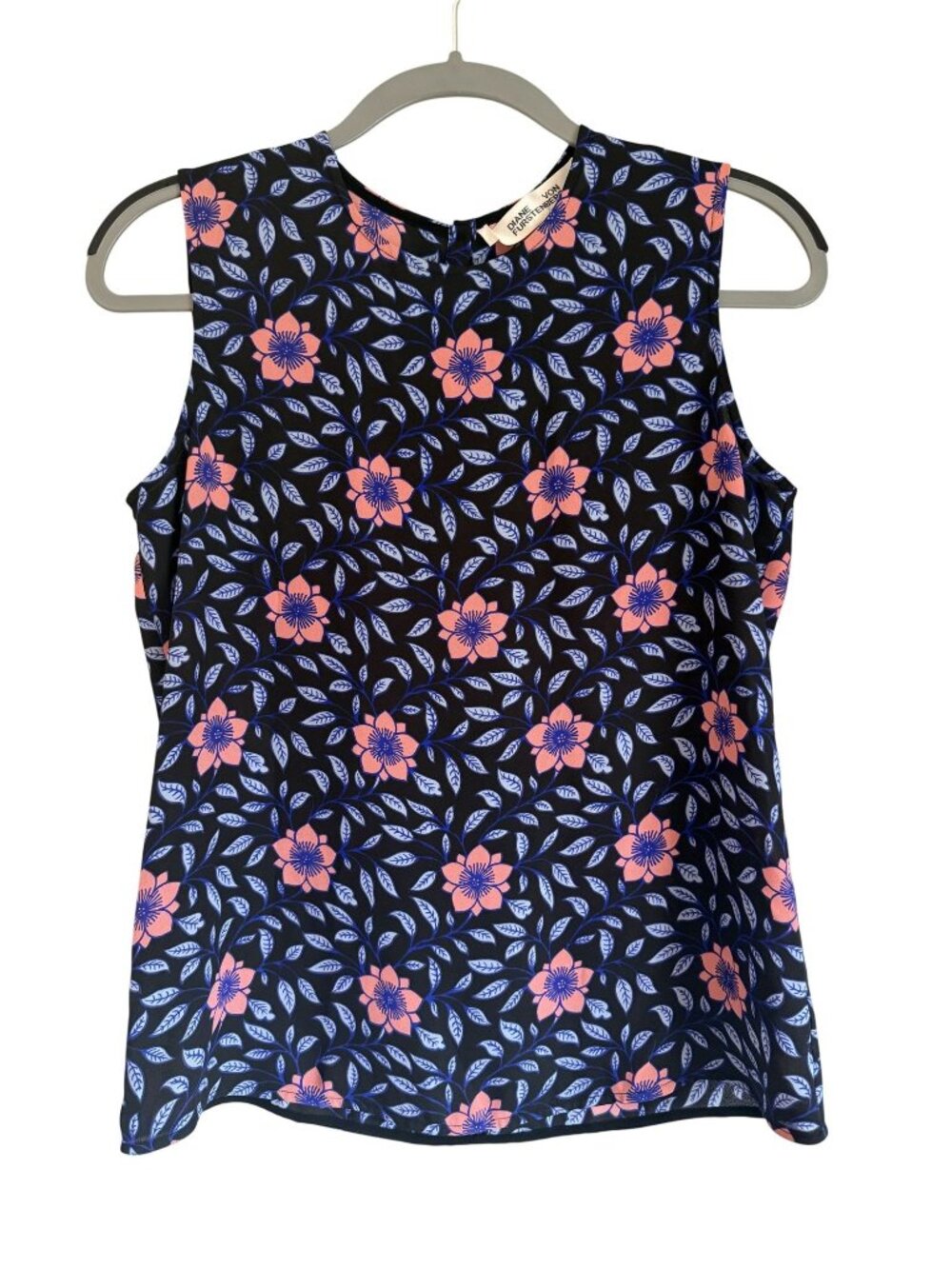 Diane Von Furstenberg Sleeveless Floral Blouse Blue Pink Size P 0-2 [jb]